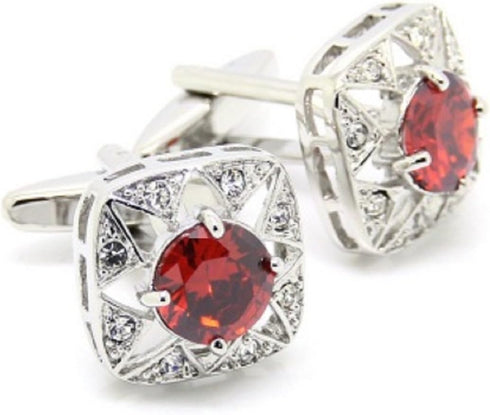 Red Round Crystal Square Cufflinks Pair in a Presentation Gift Box & Polishing Cloth...