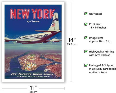 New York USA by Clipper - Boeing 377 over Manhattan Island - Pan American World Airways - Vintage Airline Travel Poster c.1950 - Fine Art Matte Pa...