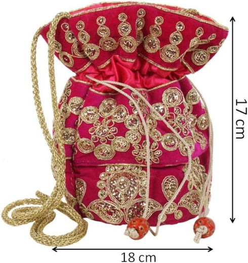 Purpledip Potli Bag (Clutch, Drawstring Purse) For Women With Intricate Gold Thread & Sequin Embroidery Work, Dark Pink(10038)...