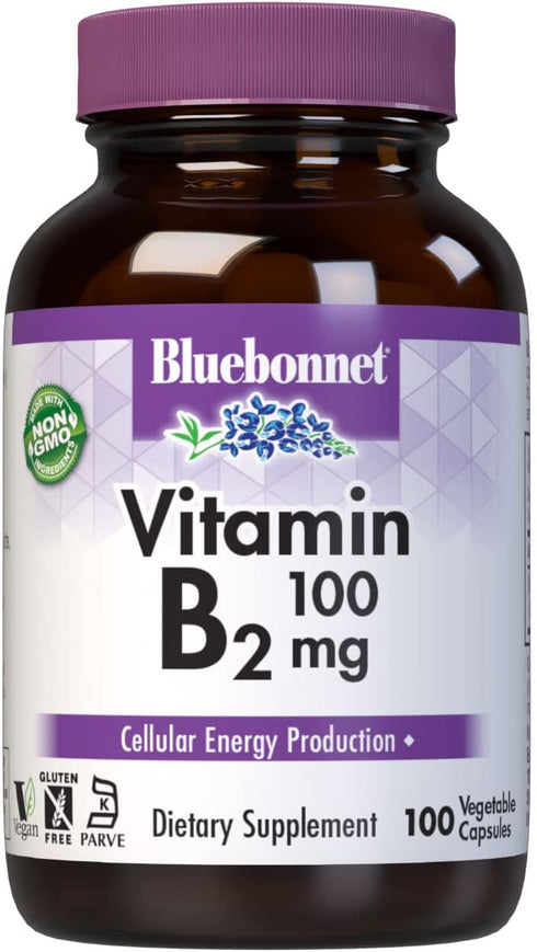 Bluebonnet Nutrition Vitamin B2 100 mg, For Cardiovascular and Nervous System Health, Soy-Free, Gluten-Free, Kosher Certified, Dairy-Free, Vegan, ...