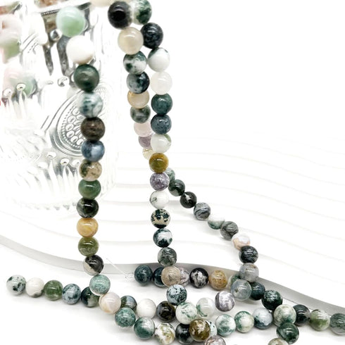 100Pcs Round Natural Tree Agate Gemstone Loose Beads with Stretch Cord for Bracelet Jewelry Making, 8mm, Small, Green White...