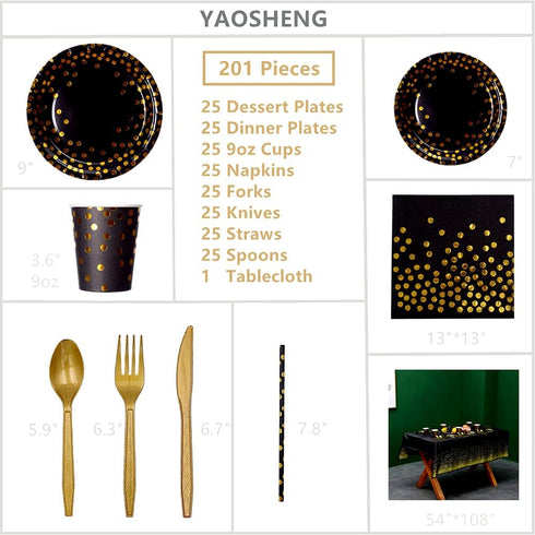 201 Black and Gold Party Supplies, Golden Dot Disposable Party Dinnerware - Black Paper Plates Napkins Cups, Gold Plastic Forks Knives Spoons for ...