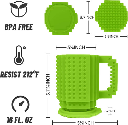 Fubarbar Novelty Coffee Mugs- Kids Brick Gaming Mug Building Head Cup with Straw, Funny Xmas/Birthday Gift For Men, Women, Kids (Green)...