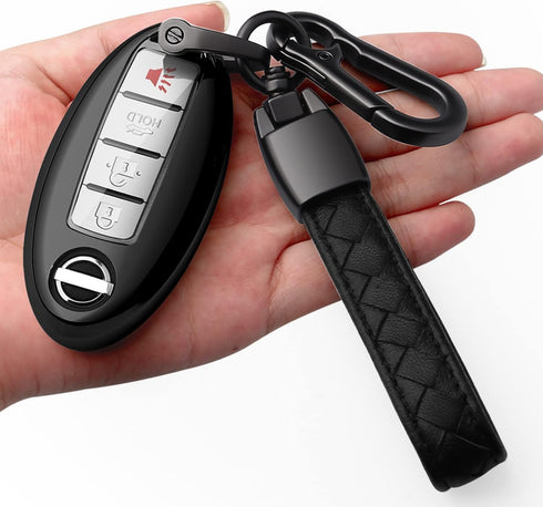 Compatible with Nissan Key Fob Cover with Leather Keychain Soft TPU 360 Degree Protection Key Case for Altima Maxima Rogue Armada Pathfinder Smart...