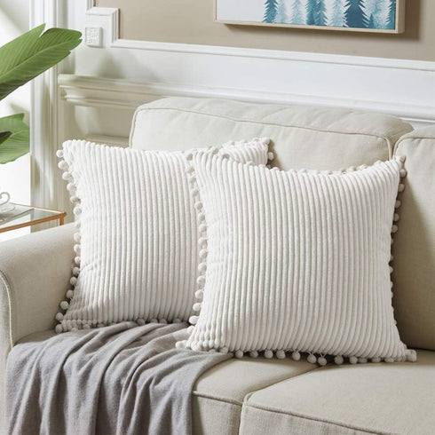Fancy Homi 2-Pack Cream Corduroy Pom Pom Throw Pillow Covers, 18x18 Inch...
