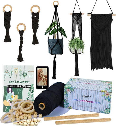 Ewparts Black Macrame Plant Hanger Kit with Instruction with 109 Yard Black 3mm Macrame Cord Wooden Beads and Macrame Rings for Macrame Plant Hang...
