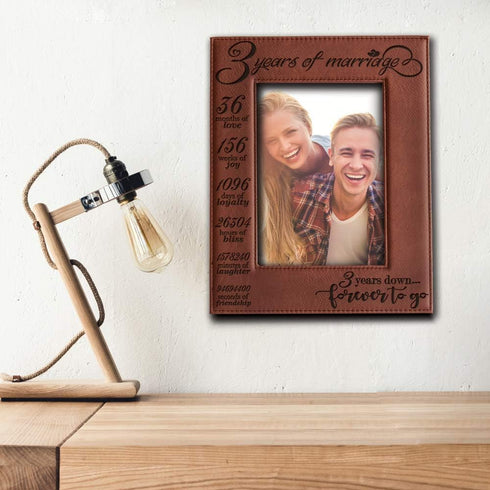 BELLA BUSTA- 3 Years of Marriage-3 years Down Forever to go-Engraved Leather Picture Frame (5 x 7 Vertical (Rawhide))...
