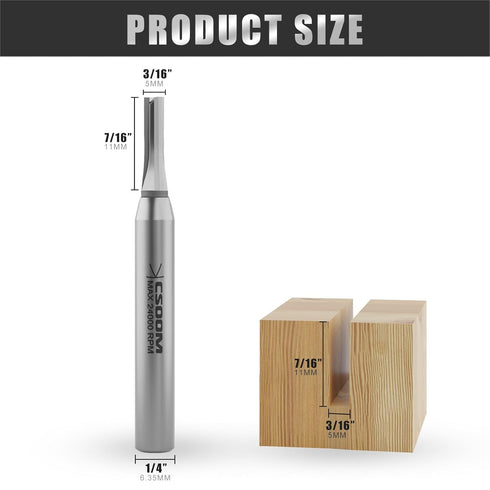 CSOOM TCT Industrial Trimming Straight Router Bit ?3/16" Diameter , 1/4 inch Shank ?CNC Carbide Straight Cutter, Woodworking Tools for Grooving, T...