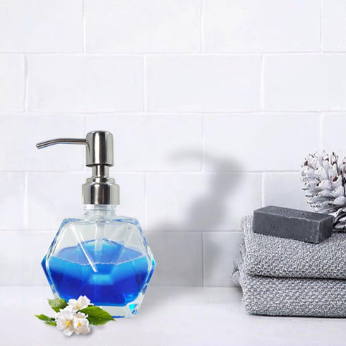 Modern Geometric Shape Clear Glass Soap Dispenser, Lotion Dispenser Bottle with Rust Proof Stainless Steel Pump for Kitchen, Bathroom Accessory, C...