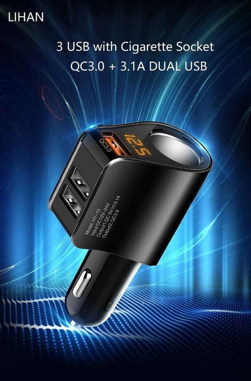 LIHAN Cigarette Lighter Socket Adapter, Car Charger QC3.0, 12V/24V Outlet Plug Splitter with Multi USB Ports, Voltmeter Compatible for iPhone, Gal...