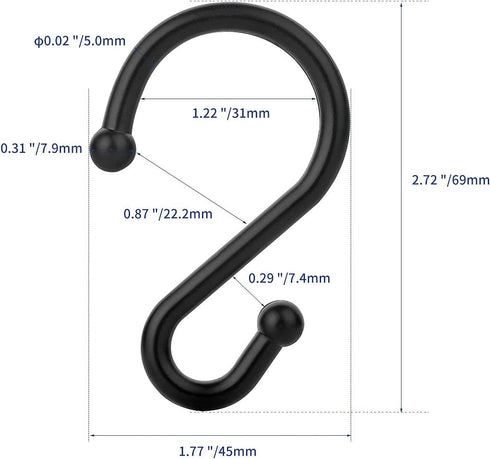 Metal Shower Curtain Hooks?Set of 12 Rings?Rust Resistant S Shaped Hooks Hangers for Kitchen Utensils, Clothing, Towels, etc. (Black)...