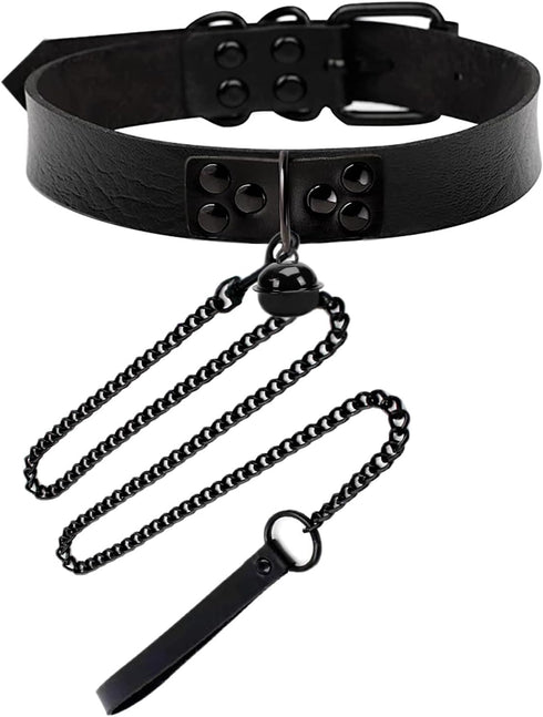 Black Bell Collar and Leash Set Soft PU Leather Choker Necklace with Hauling Chain Jewelry for Sexy Roleplay...