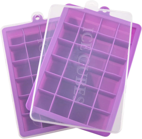 Ice Cube Tray, Silicone Square Ice Trays Easy Release Stackable Ice Cube Mold with Removable Lid, 24 Cavity (2 Pack, Purple)...