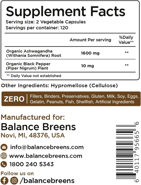 Certified Organic Ashwagandha 1600mg, 120 Veg Capsules - Supports Sleep & Balanced Energy Levels (120 Count (Pack of 1))...