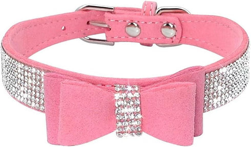 Beirui Rhinestone Bling Leather Dog & Cat Collar - Flocking Sparkly Crystal Diamonds Studded - Cute Double Bowknot for Pet Show & Daily Walking,Pi...