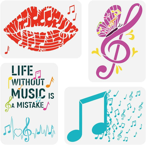 FINGERINSPIRE 4 pcs Music Painting Stencil 8.3x11.7 inch Reusable Musical Notes Lips Butterfly Drawing Template Life Without Music is a Mistake St...