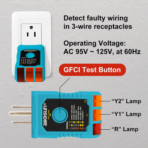 allsun GFCI Electrical Outlet Receptacle Tester,Circuit Tester,GFCI Detect Faulty Wiring Status Socket Checker,Standard 95-125 VAC, 3-Wire Light I...