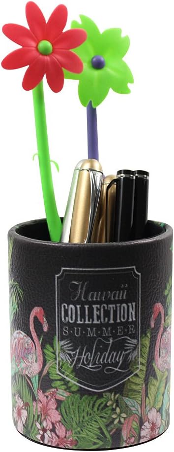 Retro Pen Container Office Desk Accessories PU Leather Cover Round Pencil Holder Desk Organizer - Flamingos...
