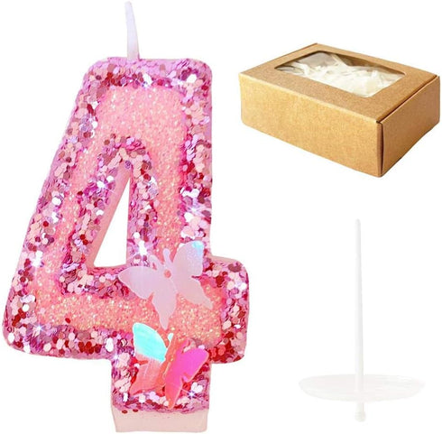 Birthday Candles Number 4,Pink Glitter Happy Birthday Cake Candles Handmade Sequin Numeral Candle...