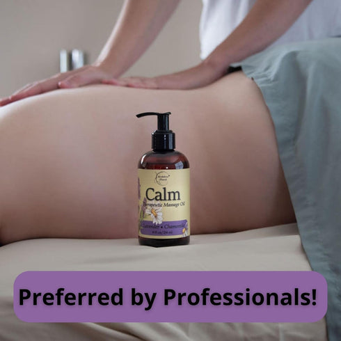 Calm Massage Oil with Lavender & Chamomile Essential Oils to Relax Sore Muscles - for Massage Therapy & Home use – with Coconut, Grapeseed & Jojob...