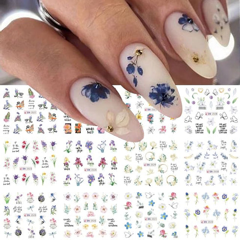 12 Sheets Flower Nail Art Stickers Spring Summer Nail Stickers Water Transfer Nail Art Supplies Lily Orchid Butterfly Small Flower Spring Nail Dec...