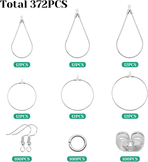 YaeYur 372Pcs Beading Hoop Earrings for Jewelry Making Earring Finding Hypoallergenic Teardrop Round Beading Hoop Earring Hooks and Backs Open Jum...