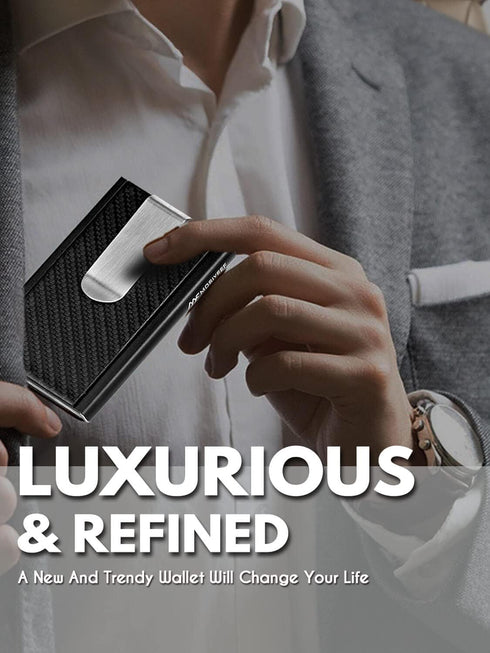 MOSIYEEF Minimalist Stealth Wallet for Men - Pop Up Men Wallet with Money Clip - Leather-wrapped Slim Compact Card Holder Carbon Fiber Card Wallet...