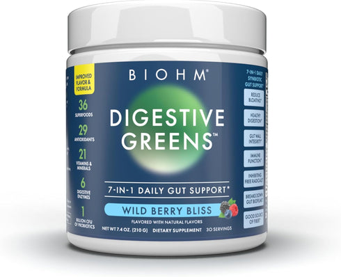 BIOHM Essential Digestive Greens, Green Superfood Powder with Antioxidants, Vitamins, and Probiotics, Super Greens, Digestion Supplement with Enzy...