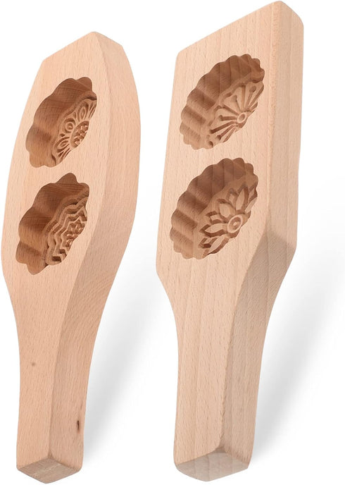 Yardwe 2pcs Wooden Cookie Molds Chinese Traditional Mid- autumn Festival Moon Cake Mold Handmade Flowers Cookie Stamp Baking Supplies for Muffin M...
