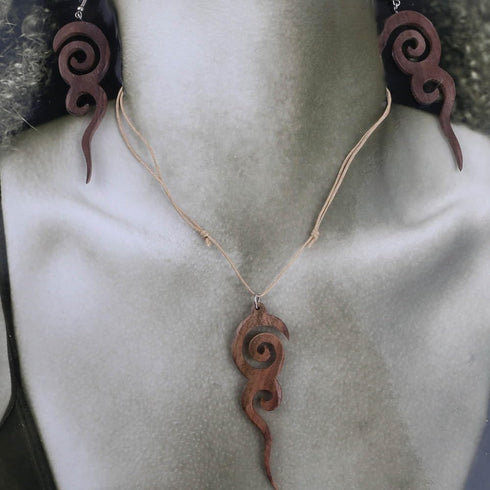 Tribal Wood Earrings and Necklace Set for Women, Long Spiral Dangling Earrings, Adjustable Cord Necklace, Wooden Jewelry...