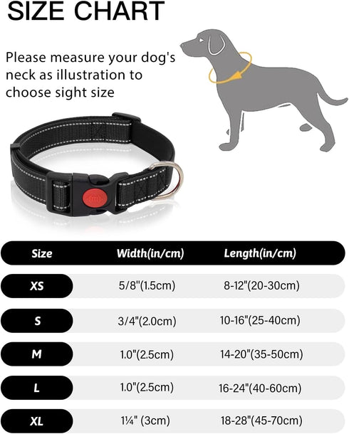 Reflective Dog Collar, Heavy Duty Adjustable Dog Collars with Safety Locking Buckle, Soft Neoprene Padded Dog Collar for Puppy and Small Dogs, Bla...