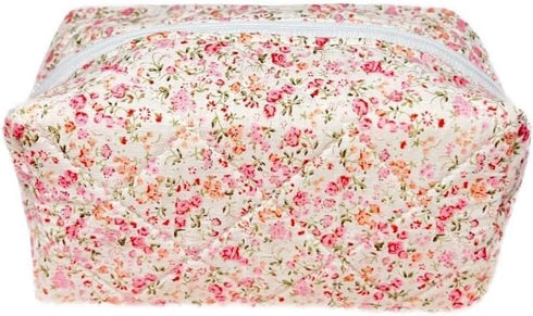Quilted Floral Makeup Bag, White/pink floral pattern....