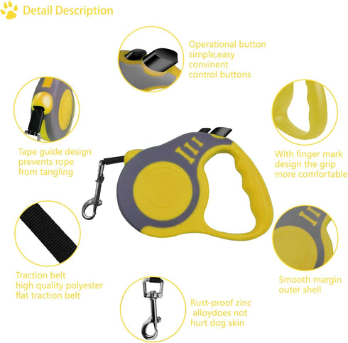 Retractable Dog Leash + Holder for Apple Airtag, 16 Feet Long Suitable Small Medium Dogs up to 33lbs, Yellow Gray...
