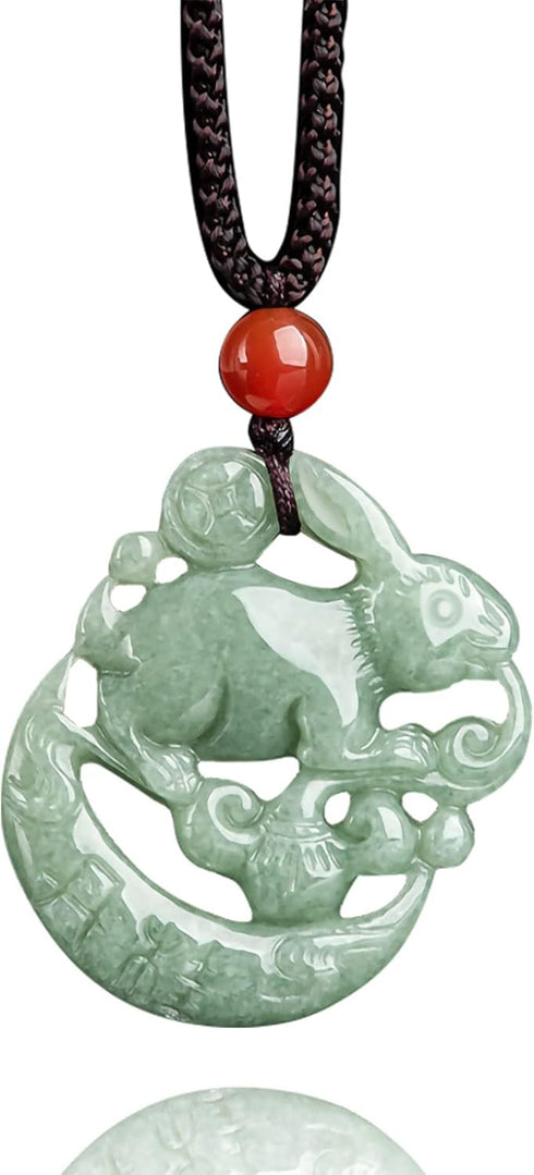 Wealth Rabbit Natural Green Jade Pendant Necklaces for Women Men, Fashion Rope Chain Amulet Hand-carved Good Luck Jewelry Choker Necklaces for Lov...
