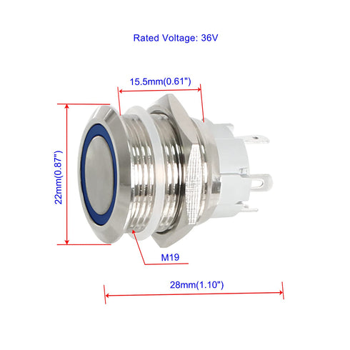Latching Push Button Switch 36V Waterproof Stainless Steel Metal 3/4" Mounting Hole Blue LED SPST Switch for Electrical Equipment, 2 Pcs, Flat Rou...