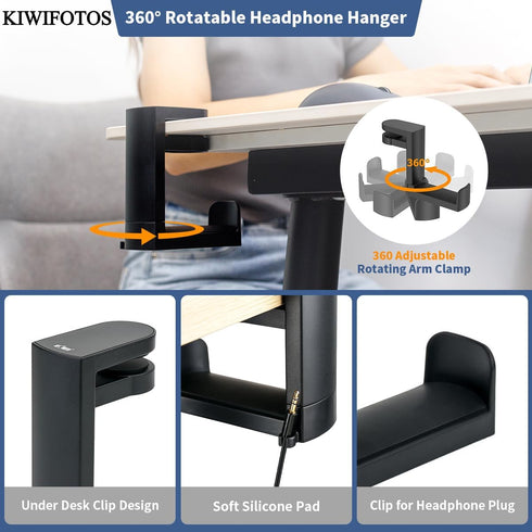 KIWIFOTOS Headphone Stand Holder Under Desk, PC Gaming Headset Hook Hanger Mount with 360 Adjustable Rotating Arm Clamp & Built in Cable Clip - Bl...