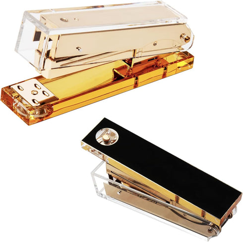 Modern Acrylic Office Supplies Set - Stapler, Tape Dispenser, and Staple Remover - Transparent Acrylic with Gold Hardware - Contemporary Style - I...