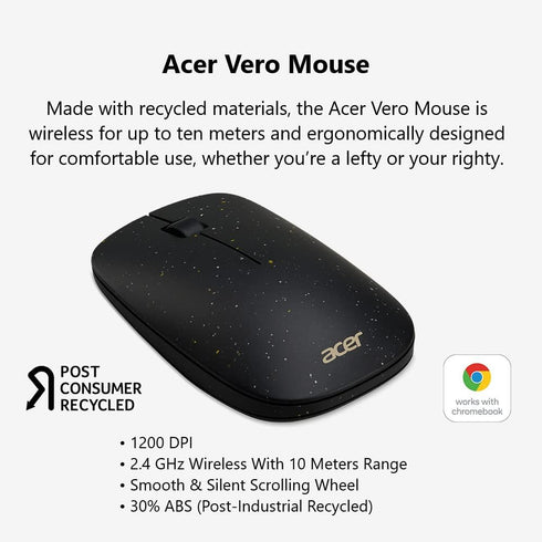 Acer Vero 3 Button Mouse | 2.4GHz Wireless | 1200DPI | Made with Post-Consumer Recycled (PCR) Material | Certified Works with Chromebook | Black...