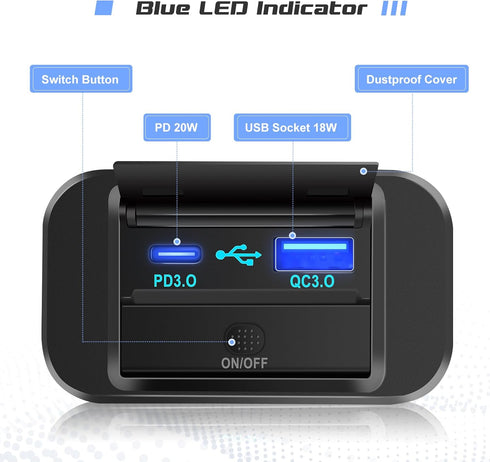 GemCoo 12V RV USB Outlet, 38W PD QC3.0 24V USB Car Charger Socket Power Outlet with Cover, 24V Car Charger Switch Panel Car Fast Charger Socket Po...