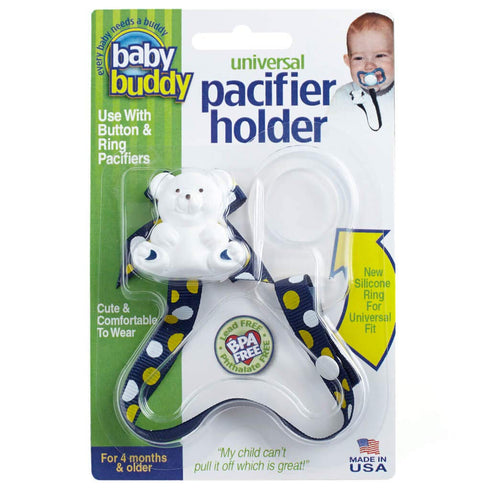 Baby Buddy Pacifier Clip Holder, Newborn Essential with Universal Fit for all Binky and Teether Brands, Ages 4+ Months, Navy + Yellow Dot, 1 Pack...