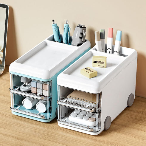 LETURE Cute Desk Organizer with drawers, Plastic Desktop Storage for Business Card/Pen/Pencil/Mobile Phone/Stationery Holder Box, Desktop Organize...