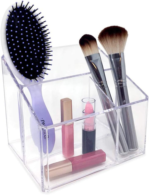 Isaac Jacobs Clear Acrylic 3-Compartment Organizer, Remote Holder & Multi-Functional Makeup, Brush, Pen & Pencil Storage Solution, for The Home, B...