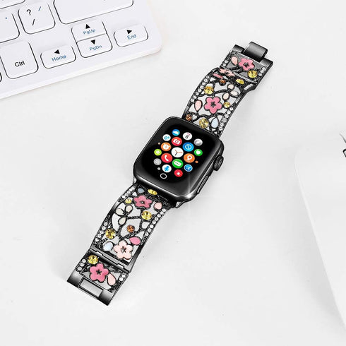 Floral Bracelet Compatible with Apple Watch Band 38mm 40mm 41mm 42mm iWatch Bands Series 10 9 8 7 6 SE,Bling Crystal Hollow Metal Strap,Cute Women...