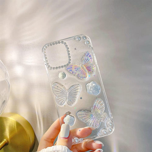 Compatible for iPhone 15 Case with Phone Charm Chain,3D Butterfly Flower Pearl Cute Aesthetic Phone Case,Crystal Clear Glitter Protective Case Wom...