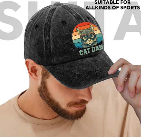 Cat Dad Adjustable Washed Cotton Baseball Cap, Funny Cat Retro Trucker Hat Gift for Men Grandpa Dad Cat Lover...