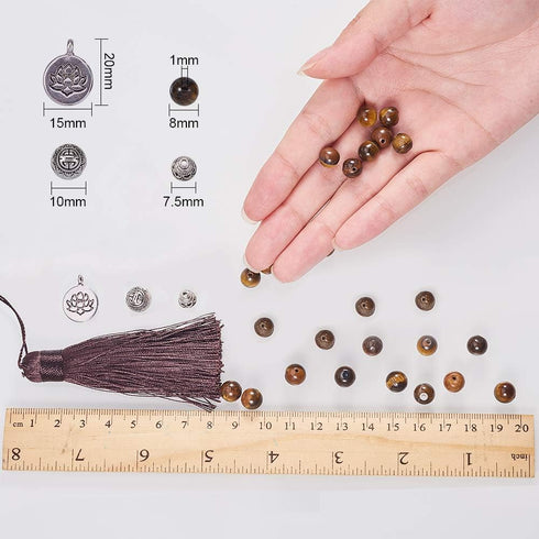 SUNNYCLUE 1 Set 108 Tiger Eye Gemstone Mala Beads/Buddha Beaded Necklace Jewelry Making Kit - DIY Make 1 Hand Knotted Prayer Tassel Pendant Neckla...