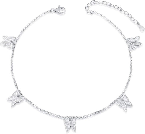 Sterling Silver Tennis Butterfly Anklet - Women Summer Beach Adjustable Anklet Bracelet Ankle Jewelry for Women...