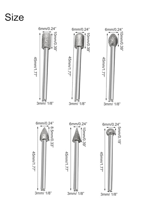 6mm Diamond Drill Grinding Bit Set, 1/8 Shank Stone Carving Set Diamond Burr Bits for Stone Ceramic Carving, Grinding, Polishing, Engraving, Sandi...