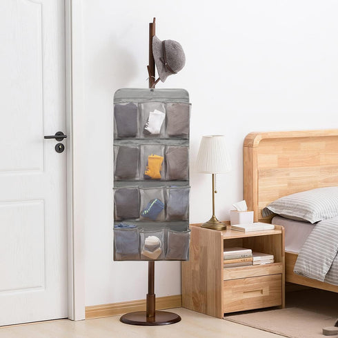 Dual Sided Hanging Shoe Organizer for Closet with Rotating Hanger Hanging Shoe Rack Holder with 24 Large Pockets (Grey-Mesh Pockets)...