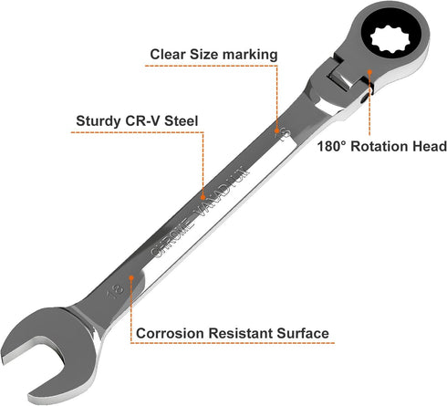 Egofine 18mm Ratchet Wrench Flex Head, Ratcheting Combination Wrench Metric, Industrial Grade Gear Spanner with 12 Point Box End, 72-Teeth Ratchet...